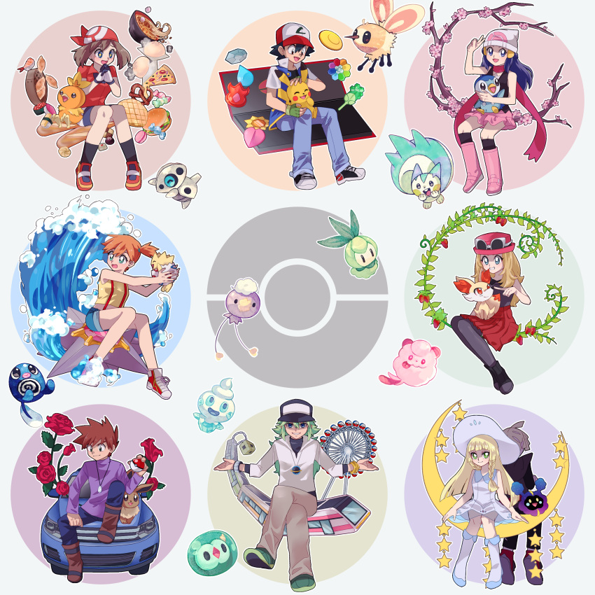 :d ^_^ absurdres aron badge bandana baseball_cap black_eyes black_hair black_legwear blonde_hair blue_eyes blue_shorts boulder_badge breasts brown_hair car cascade_badge closed_eyes commentary_request cosmog creature crossed_legs cutiefly denim denim_shorts dress drifloon earth_badge eevee fennekin flower food full_body gen_1_pokemon gen_2_pokemon gen_3_pokemon gen_4_pokemon gen_5_pokemon gen_6_pokemon gen_7_pokemon gladio_(pokemon) green_eyes green_hair ground_vehicle gym_leader_badge happy haruka_(pokemon) hat highres hikari_(pokemon) holding holding_pokemon jeans jewelry kasumi_(pokemon) kid1215 legendary_pokemon lillie_(pokemon) long_hair looking_at_viewer marsh_badge motor_vehicle n_(pokemon) ookido_shigeru open_mouth pachirisu pants pantyhose pendant petilil pikachu piplup pizza pokemon pokemon_(anime) pokemon_(classic_anime) pokemon_(creature) pokemon_bw_(anime) pokemon_dppt_(anime) pokemon_on_lap pokemon_rse_(anime) pokemon_sm_(anime) pokemon_xy_(anime) poliwag pretzel rainbow_badge red_bandana red_flower red_rose riding riding_pokemon rose sandwich satoshi_(pokemon) shirt shoes short_dress short_shorts shorts sitting skirt small_breasts smile sneakers solosis soul_badge star staryu sundress swirlix thunder_badge togepi torchic train volcano_badge water waving white_dress white_headwear