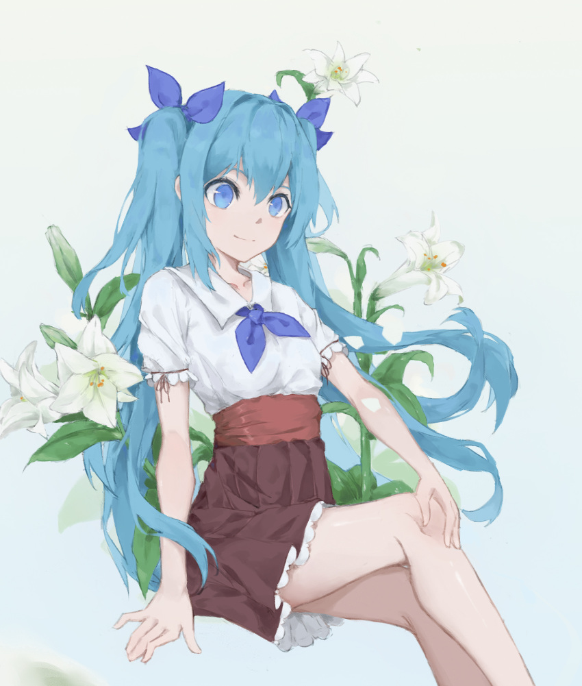 1girl bangs black_ribbon blue_bow blue_eyes blue_hair blue_neckwear bow brown_skirt closed_mouth collarbone collared_shirt floating_hair flower grey_background hair_between_eyes hair_bow hand_on_own_knee hatsune_miku high-waist_skirt highres invisible_chair long_hair miniskirt nakor. pleated_skirt ribbon ribbon-trimmed_sleeves ribbon_trim shiny shiny_skin shirt short_sleeves simple_background sitting skirt smile solo very_long_hair vocaloid white_flower white_shirt wing_collar