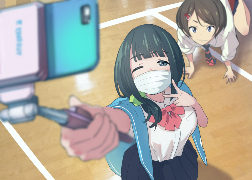 2girls all_fours aqua_eyes black_hair black_skirt blanket blurry bow bowtie cellphone from_above hair_ornament hair_scrunchie hassu hide88207613 long_hair low-tied_long_hair multiple_girls namiko necktie one_eye_closed phone pleated_skirt school_uniform scrunchie self_shot selfie_stick skirt smartphone ssss.gridman surgical_mask v violet_eyes