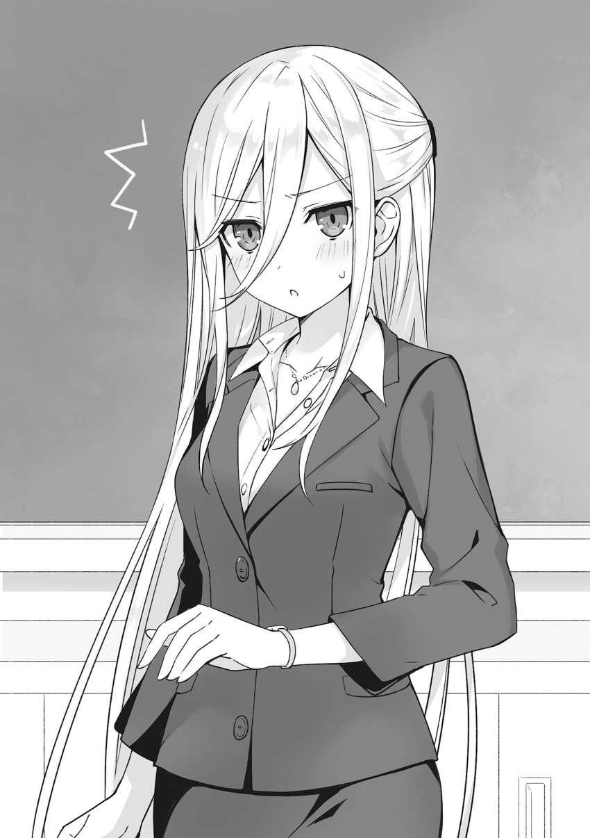 1girl blush buttons collarbone date_a_live ellen_mira_mathers eyebrows_visible_through_hair formal greyscale hair_between_eyes highres jacket jewelry long_hair long_sleeves looking_at_viewer monochrome necklace open_mouth skirt_suit standing suit tsunako very_long_hair watch watch