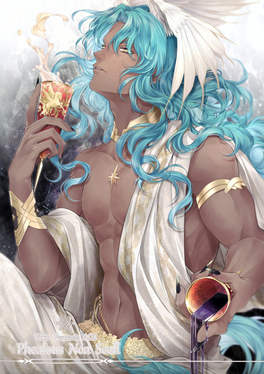 1boy alcohol aqua_hair armlet black_nails character_name copyright_name dark_skin dark_skinned_male dual_wielding goblet head_wings highres holding long_hair male_focus mimitz muscle navel phealous_noa_seoll pixiv_fantasia pixiv_fantasia_age_of_starlight simple_background sitting upper_body white_wings wine wings yellow_eyes