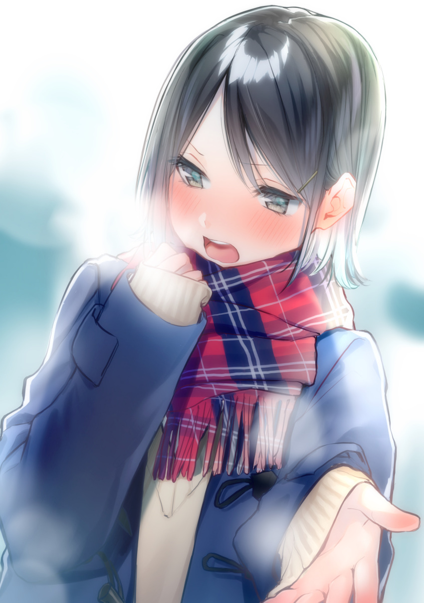 1girl absurdres black_hair blue_coat blue_eyes blush cardigan duffel_coat hair_ornament hairclip highres looking_down open_mouth original rinku_(rin9) scarf school_uniform short_hair solo upper_body