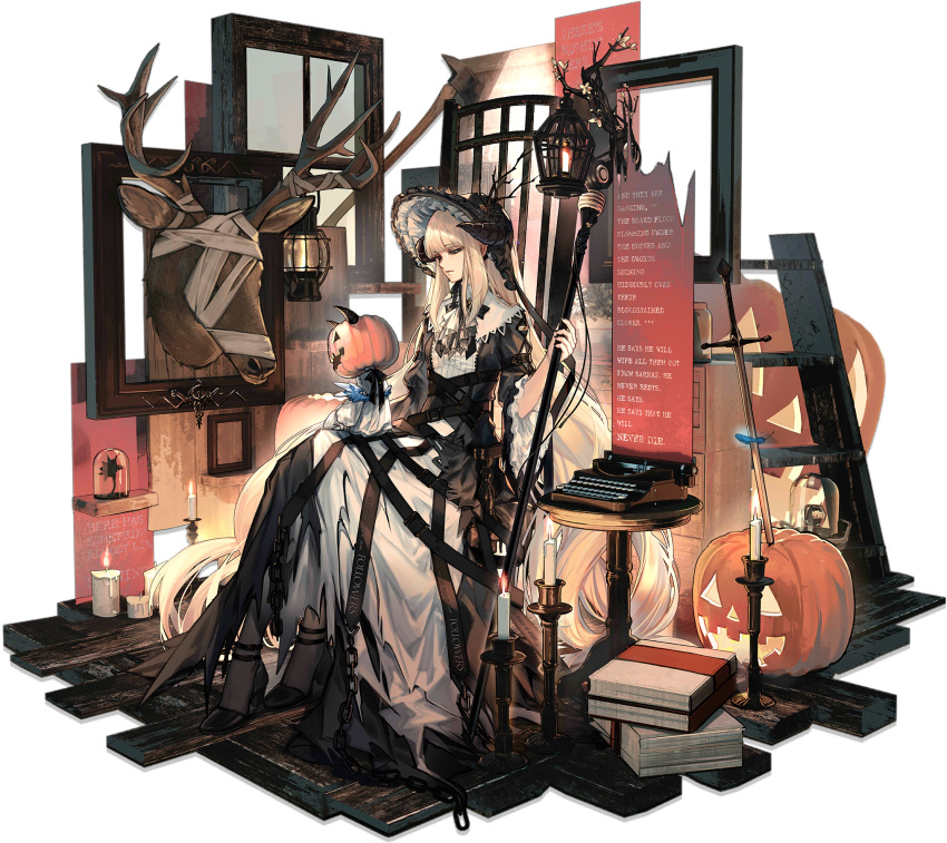 1girl alternate_costume arknights ascot bangs black_dress black_footwear black_headwear black_legwear black_nails blonde_hair blue_eyes blunt_bangs bonnet breasts candle candlestand chain closed_mouth deer_head dress expressionless feathers full_body gothic_lolita half-closed_eyes halloween high_heels highres holding holding_staff horns indoors jack-o'-lantern lolita_fashion long_hair long_sleeves looking_at_hand multiple_straps nightingale_(arknights) official_art pantyhose ribbon sidelocks sitting skade small_breasts solo staff sword tachi-e transparent_background two-tone_dress typewriter very_long_hair weapon white_dress wide_sleeves