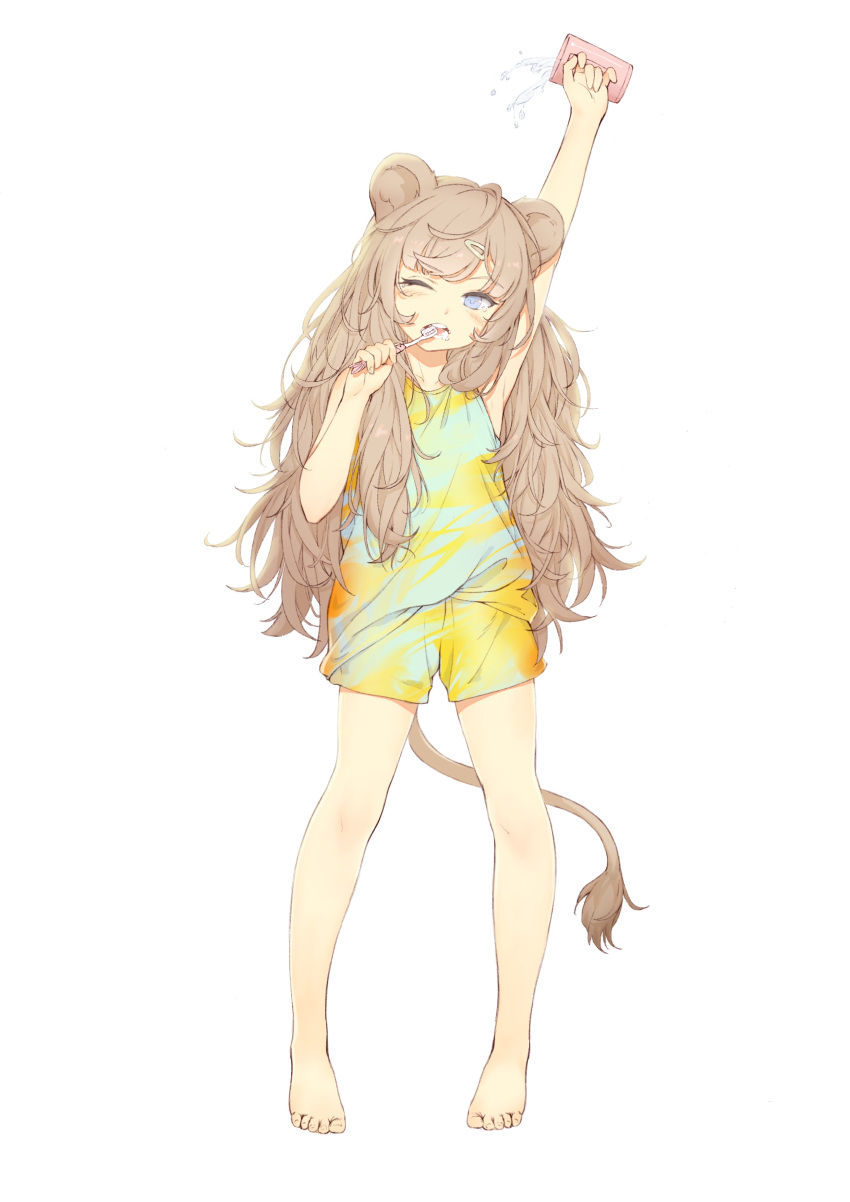 1girl absurdres animal_ears arm_up armpits bangs bare_arms bare_shoulders barefoot blue_eyes blush brown_hair brushing_teeth cup eyebrows_visible_through_hair full_body hair_ornament hairclip highres holding holding_cup lion_ears lion_girl lion_tail long_hair maou_renjishi mug multicolored multicolored_clothes multicolored_shorts one_eye_closed open_mouth original profile round_teeth short_shorts shorts simple_background solo standing tail tank_top teeth toothbrush upper_teeth very_long_hair water white_background