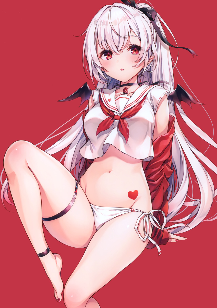 1girl absurdres ankleband barefoot breasts choker collarbone crop_top crop_top_overhang earrings groin hair_ribbon heart highres jacket jewelry knee_up komeshiro_kasu large_breasts long_hair looking_at_viewer mini_wings navel neckerchief no_pants off_shoulder one_side_up original panties parted_lips pointy_ears red_background red_eyes red_jacket ribbon sailor_collar scan sharp_toenails shirt side-tie_panties simple_background sitting sleeveless sleeveless_shirt solo stomach thigh_strap thighs toenail_polish toenails underwear white_hair white_panties white_shirt