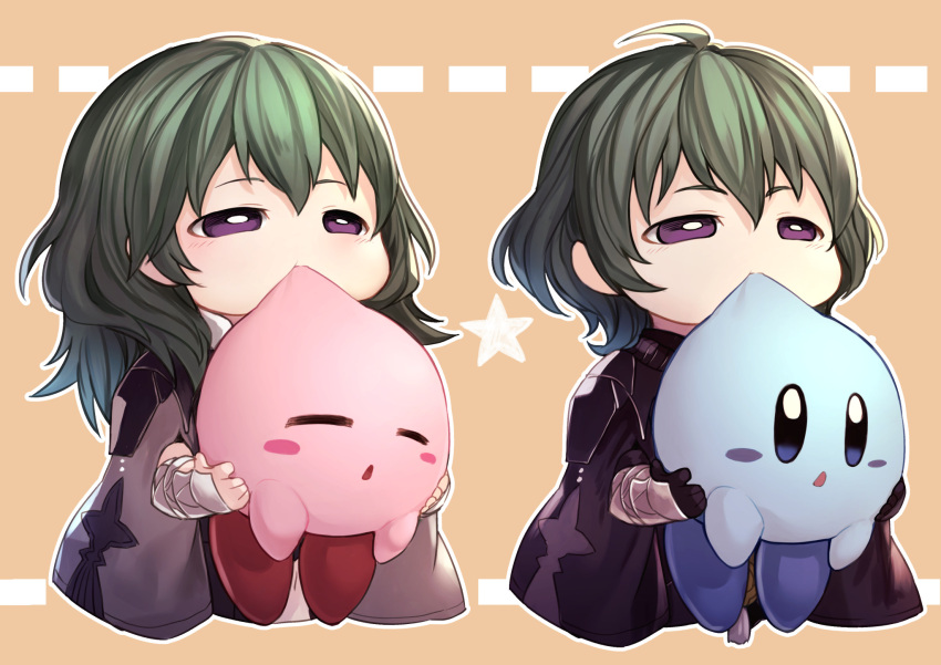 1boy 1girl alternate_color biting black_gloves blue_eyes blue_kirby blush_stickers brother_and_sister byleth_(fire_emblem) byleth_eisner_(female) byleth_eisner_(male) byleth_eisner_(female) byleth_eisner_(male) chibi closed_eyes dual_persona female_my_unit_(fire_emblem:_three_houses) fire_emblem fire_emblem:_three_houses fire_emblem:_three_houses fire_emblem_16 gloves green_hair hal_laboratory_inc. highres holding hoshi_no_kirby human intelligent_systems kirby kirby_(series) kirby_(specie) male_my_unit_(fire_emblem:_three_houses) medium_hair my_unit_(fire_emblem:_three_houses) nakabayashi_zun nintendo open_mouth pink_puff_ball short_hair siblings sora_(company) super_smash_bros. super_smash_bros._ultimate super_smash_bros_brawl