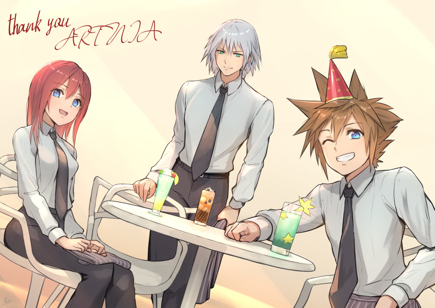 1girl absurdres blue_eyes breasts closed_mouth commentary_request drink formal gogo_(detteiu_de) highres kairi_(kingdom_hearts) kingdom_hearts kingdom_hearts_ii looking_at_viewer medium_hair multiple_boys necktie open_mouth redhead riku silver_hair simple_background smile sora_(kingdom_hearts)