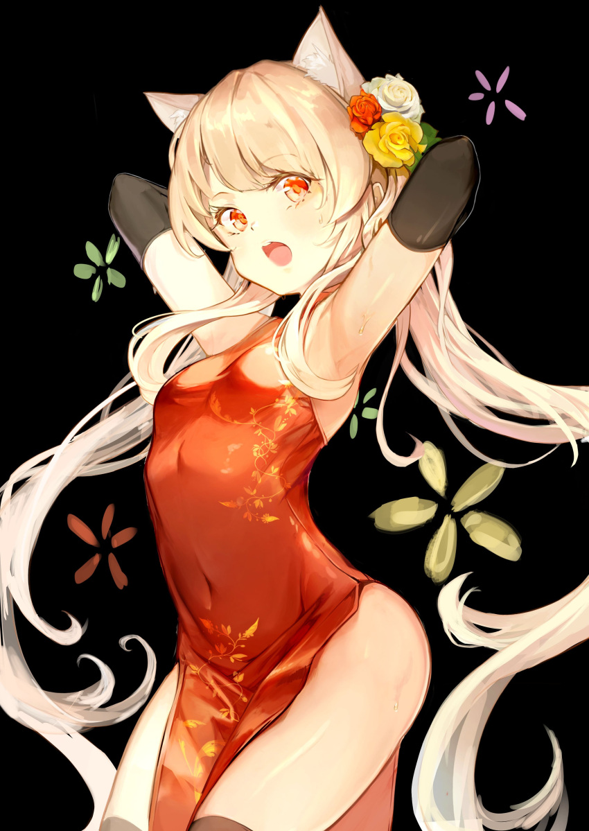 1girl absurdres animal_ear_fluff animal_ears armpits arms_up black_background black_gloves black_legwear blonde_hair breasts cat_ears china_dress chinese_clothes covered_navel cowboy_shot dress elbow_gloves floral_background flower gloves hair_flower hair_ornament highres hon_(neo2462) long_hair looking_at_viewer open_mouth red_dress red_eyes red_flower red_rose rose simple_background small_breasts solo sweat thigh-highs twintails very_long_hair white_flower white_rose yellow_flower yellow_rose