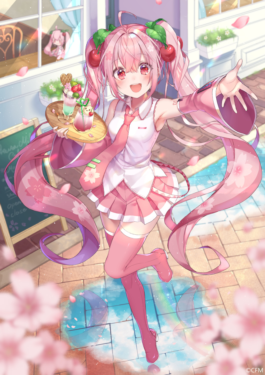 1girl absurdres boots cherry_hair_ornament detached_sleeves food_themed_hair_ornament hair_ornament hatsune_miku highres long_hair looking_at_viewer necktie open_mouth outstretched_arm pink_eyes pink_footwear pink_hair pleated_skirt sakura_miku shiori_(xxxsi) skirt solo thigh-highs thigh_boots twintails very_long_hair vocaloid