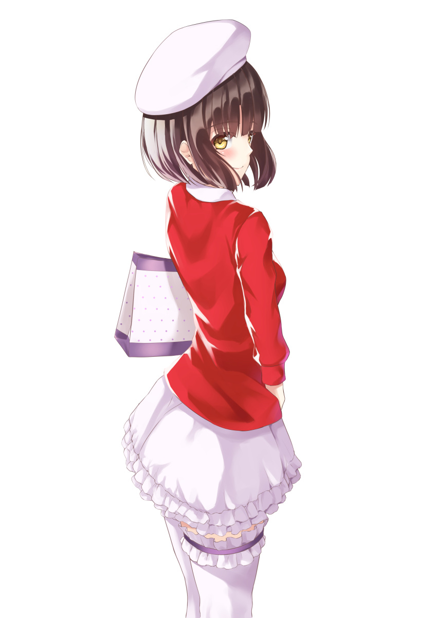 1girl absurdres bag bangs blush brown_hair closed_mouth cowboy_shot eyebrows_visible_through_hair frilled_skirt frills from_side hat highres jacket katou_megumi light_(sdga5524) long_sleeves looking_at_viewer miniskirt red_jacket saenai_heroine_no_sodatekata shiny shiny_hair short_hair simple_background skirt smile solo standing thigh-highs white_background white_headwear white_legwear white_skirt yellow_eyes