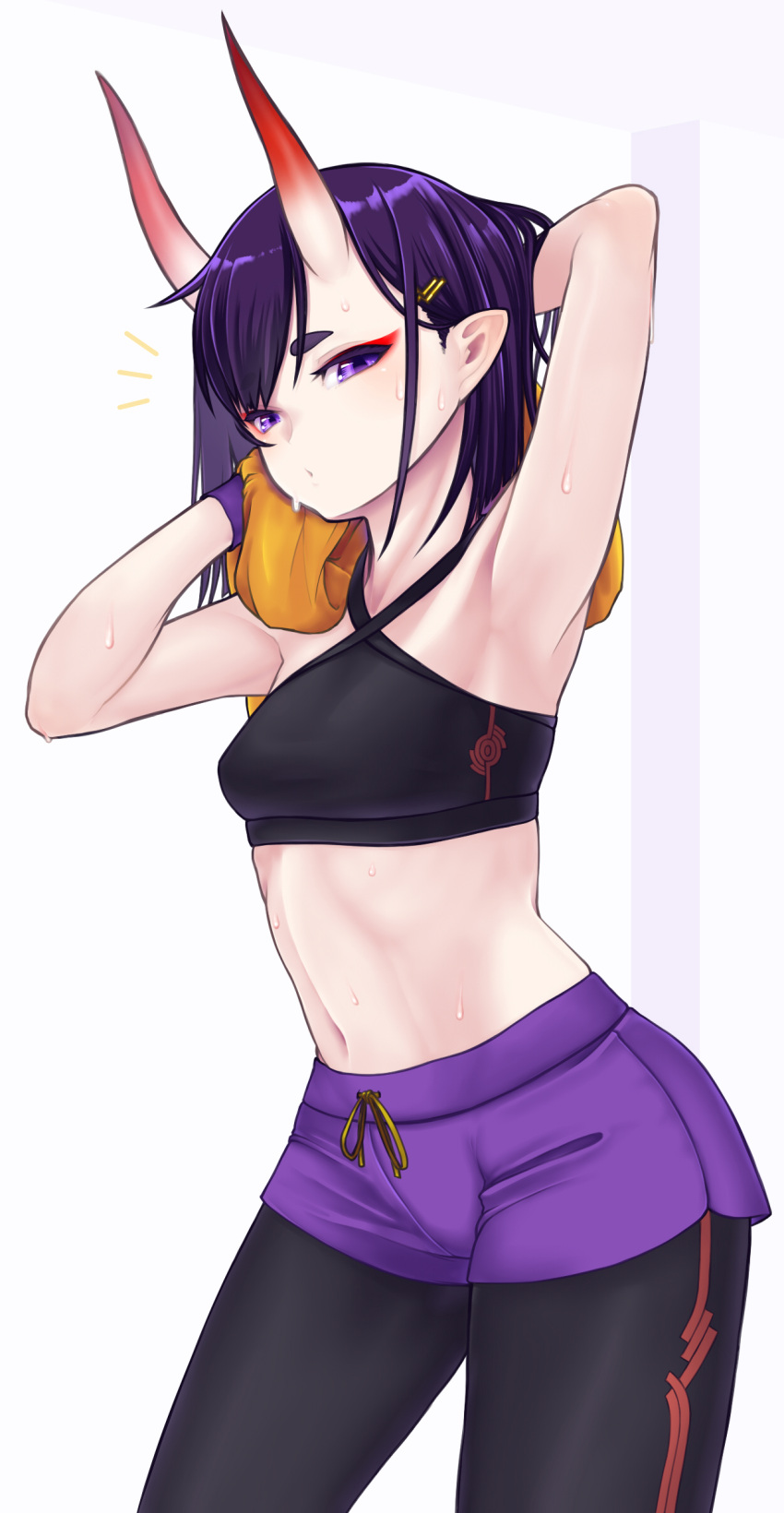 1girl absurdres armpits arms_behind_head arms_up bangs bare_shoulders black_bra black_pants blush bob_cut bra breasts eyeliner fate/grand_order fate_(series) haiiro_gundan hair_ornament hairclip highres horns looking_at_viewer makeup navel oni oni_horns open_mouth pants pointy_ears purple_hair purple_shorts short_eyebrows short_hair short_shorts shorts shuten_douji_(fate/grand_order) simple_background skin-covered_horns small_breasts solo sports_bra sweat thighs tight tight_pants towel underwear violet_eyes white_background wristband yoga_pants