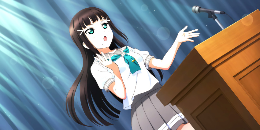 black_hair blush green_eyes kurosawa_dia long_hair love_live!_school_idol_festival_all_stars school_uniform