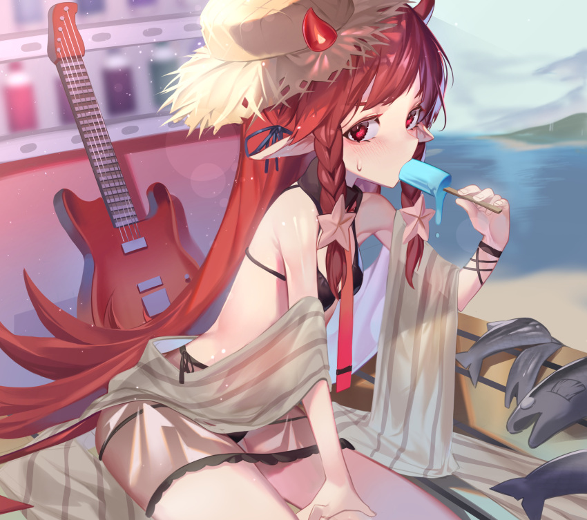 1girl absurdres arknights bare_shoulders bikini black_bikini black_ribbon blush braid breasts day eating electric_guitar fish food guitar hair_ornament hair_ribbon hat highres holding horns instrument leaning_forward long_hair looking_at_viewer outdoors pointy_ears popsicle red_eyes redhead ribbon side-tie_bikini sitting small_breasts solo ssangbong-llama star star_hair_ornament straw_hat sweatdrop swimsuit twin_braids very_long_hair vigna_(arknights)