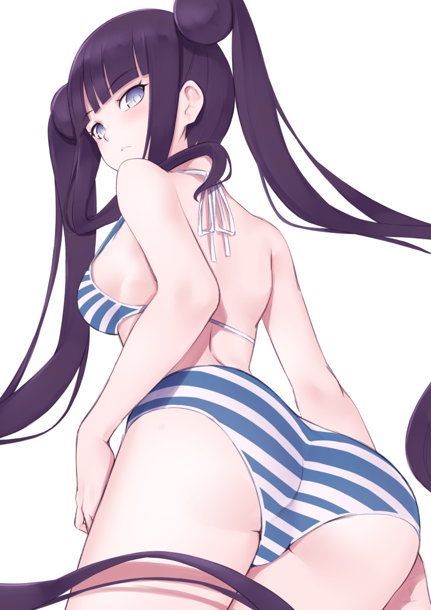 1girl ass back bangs bare_shoulders bikini black_bikini blue_eyes blunt_bangs blush breasts closed_mouth double_bun fate/grand_order fate_(series) highres jilu large_breasts long_hair looking_at_viewer looking_back purple_hair sidelocks simple_background solo striped striped_bikini swimsuit thighs twintails very_long_hair white_background yang_guifei_(fate/grand_order)