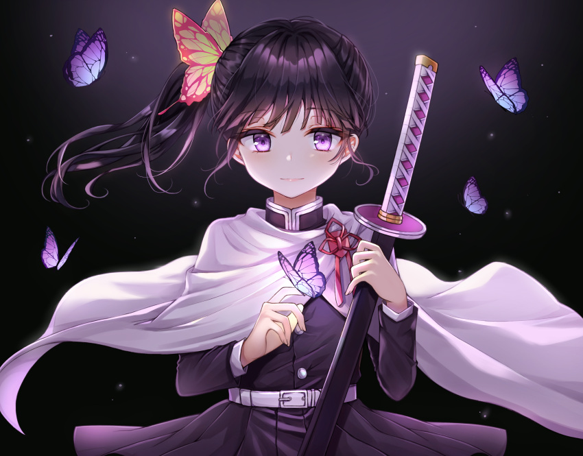 1girl absurdres bangs belt black_hair black_skirt bug butterfly butterfly_hair_ornament cape eyebrows_visible_through_hair hair_ornament highres holding insect jacket kimetsu_no_yaiba long_hair long_sleeves looking_at_viewer pleated_skirt side_ponytail simple_background skirt smile solo tsuyuri_kanao violet_eyes weapon yeorem