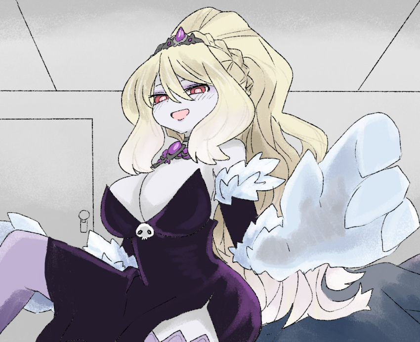 1girl :d bangs bare_shoulders blonde_hair braid breasts commentary crown_braid dress elbow_gloves english_commentary fur-trimmed_gloves fur_trim gloves hair_between_eyes highres indoors jewelry large_breasts latenight long_hair looking_at_viewer monster_girl_encyclopedia necklace open_mouth purple_dress purple_gloves purple_legwear red_eyes side_slit smile solo strapless strapless_dress thigh-highs tiara white_skin wight_(monster_girl_encyclopedia)