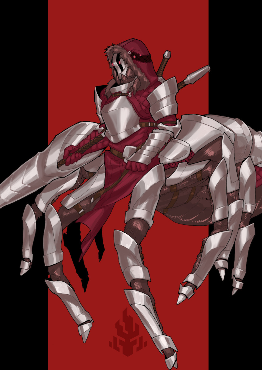 1boy armor clenched_hand gloves hachikyaku_rozunieru highres holding_lance masago_shirou pixiv_fantasia pixiv_fantasia_last_saga simple_background spider_boy standing sword weapon