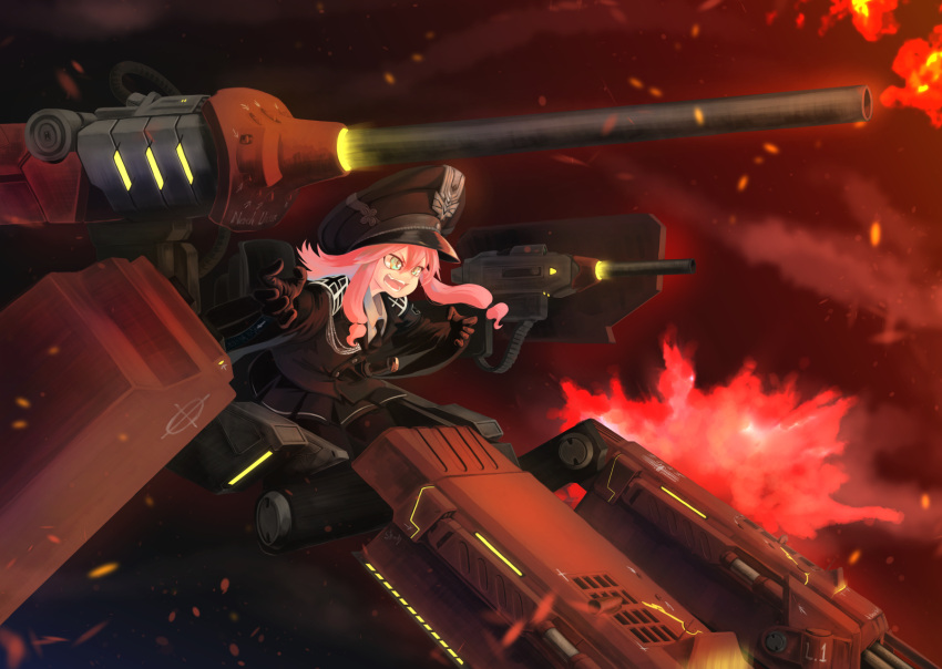 1girl ash_arms cannon commentary_request fire gloves green_eyes hat highres looking_to_the_side maus_(ash_arms) mecha military military_hat military_uniform omichi_(gutteli) red_eyes solo uniform weapon