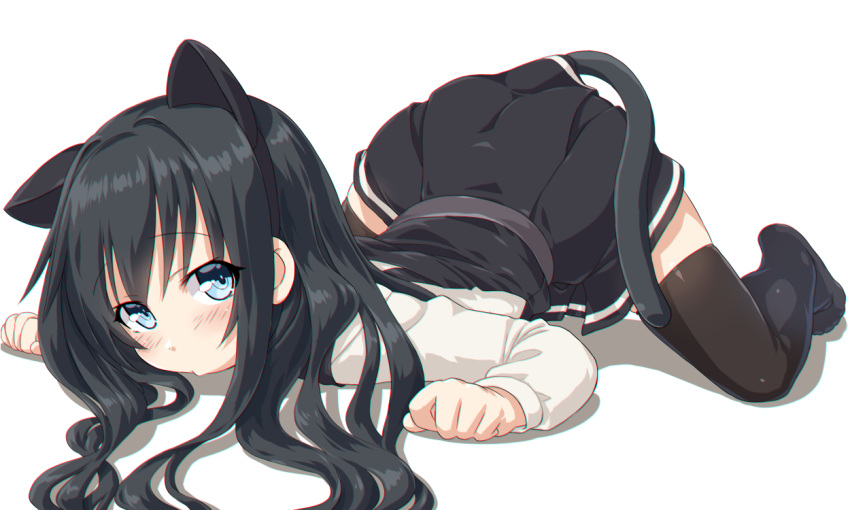 1girl animal_ears asashio_(kantai_collection) bangs black_dress black_hair black_legwear blue_eyes cat_ears cat_tail dd_(ijigendd) dress fake_animal_ears fake_tail kantai_collection long_hair long_sleeves looking_at_viewer pinafore_dress remodel_(kantai_collection) shirt simple_background solo tail thigh-highs white_background white_shirt