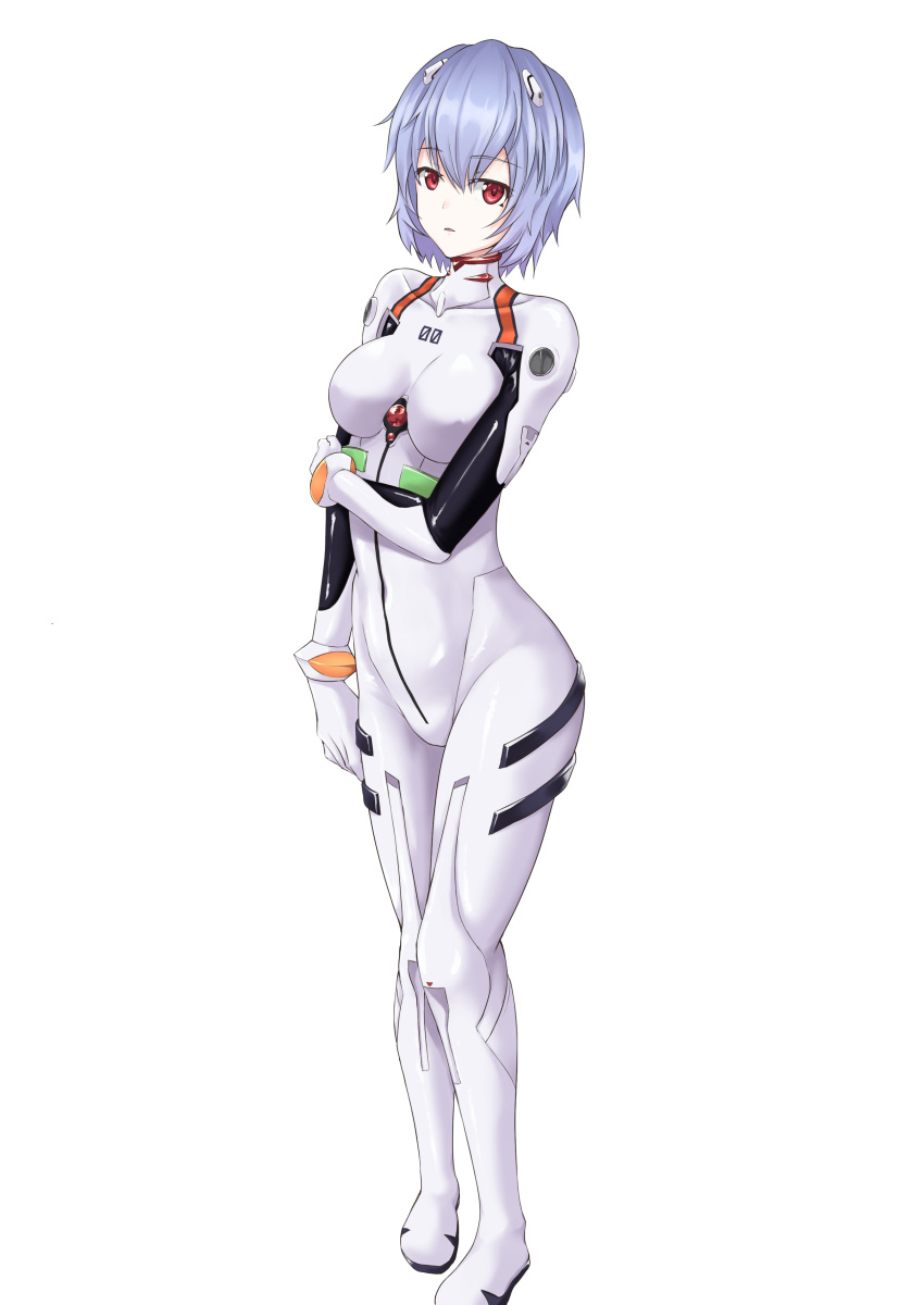 1girl absurdres ayanami_rei bangs bodysuit breasts breasts_apart closed_mouth eyebrows_visible_through_hair full_body hair_between_eyes highres light_(sdga5524) medium_breasts neon_genesis_evangelion plugsuit red_eyes shiny shiny_hair short_hair silver_hair simple_background solo standing white_background white_bodysuit