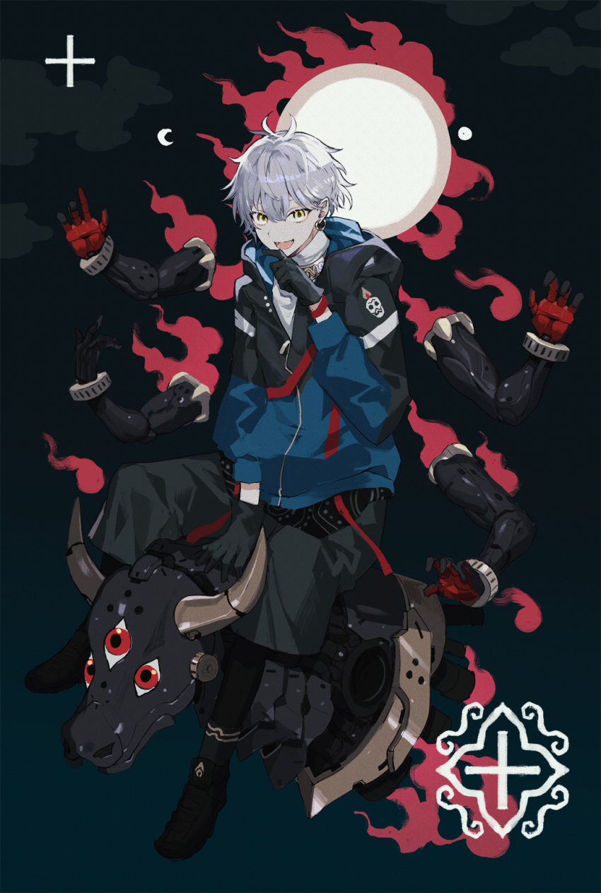 1boy bangs black_footwear black_gloves black_legwear black_shorts bull earrings fangs gloves hair_between_eyes highres hinayuri jacket jewelry looking_at_viewer male_focus mechanical_animal mechanical_arm moon open_mouth original shorts silver_hair sitting solo yellow_eyes