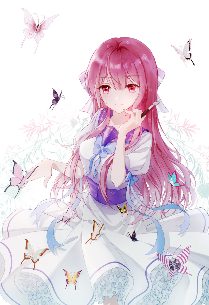 1girl absurdres blue_collar bow bug butterfly butterfly_on_finger collar commentary cowboy_shot double_lariat_(vocaloid) dress frilled_dress frills hair_bow hand_up heart heart_print highres holding holding_paintbrush insect long_hair looking_at_viewer luka_luka_night_fever_(vocaloid) megurine_luka nail_polish neck_ribbon no_logic_(vocaloid) osagelts1213 paintbrush petticoat pink_eyes pink_hair pink_nails plant ribbon sailor_collar sailor_dress smile solo song_request songover straight_hair symbol_commentary vocaloid white_background
