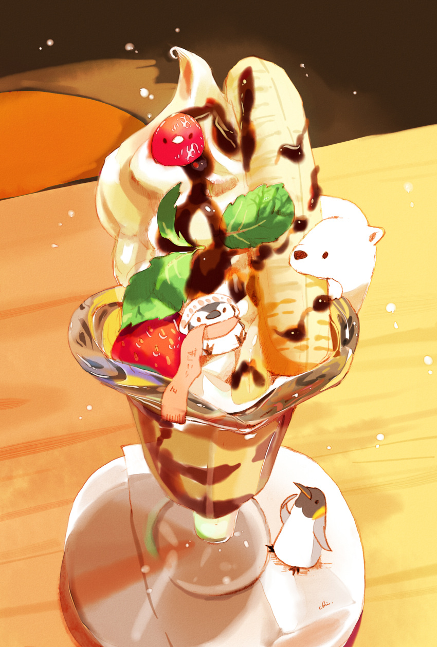 4others artist_name banana bear bird chai chocolate commentary_request food fruit hat highres mint multiple_others no_humans original parfait penguin scarf sitting_on_food strawberry whipped_cream wooden_table