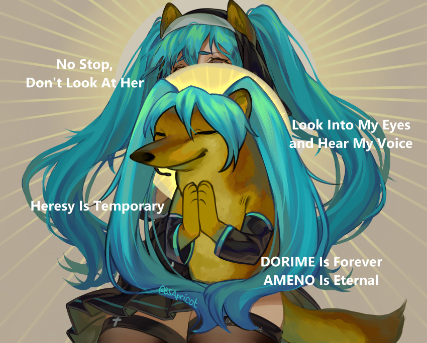 1girl animal_ears bangs black_dress black_sleeves blue_hair brown_legwear cheemsburger_(doge) cross cross_necklace danielle_brindle detached_sleeves dog dog_ears dog_girl dog_tail doge dress english_text eyebrows_visible_through_hair fusion hair_between_eyes hands_together hatsune_miku highres jewelry kemonomimi_mode latin_cross long_hair long_sleeves meme necklace nun open_mouth own_hands_together palms_together parody paws shiba_inu solo tail thigh-highs twintails twitter_username veil very_long_hair vocaloid
