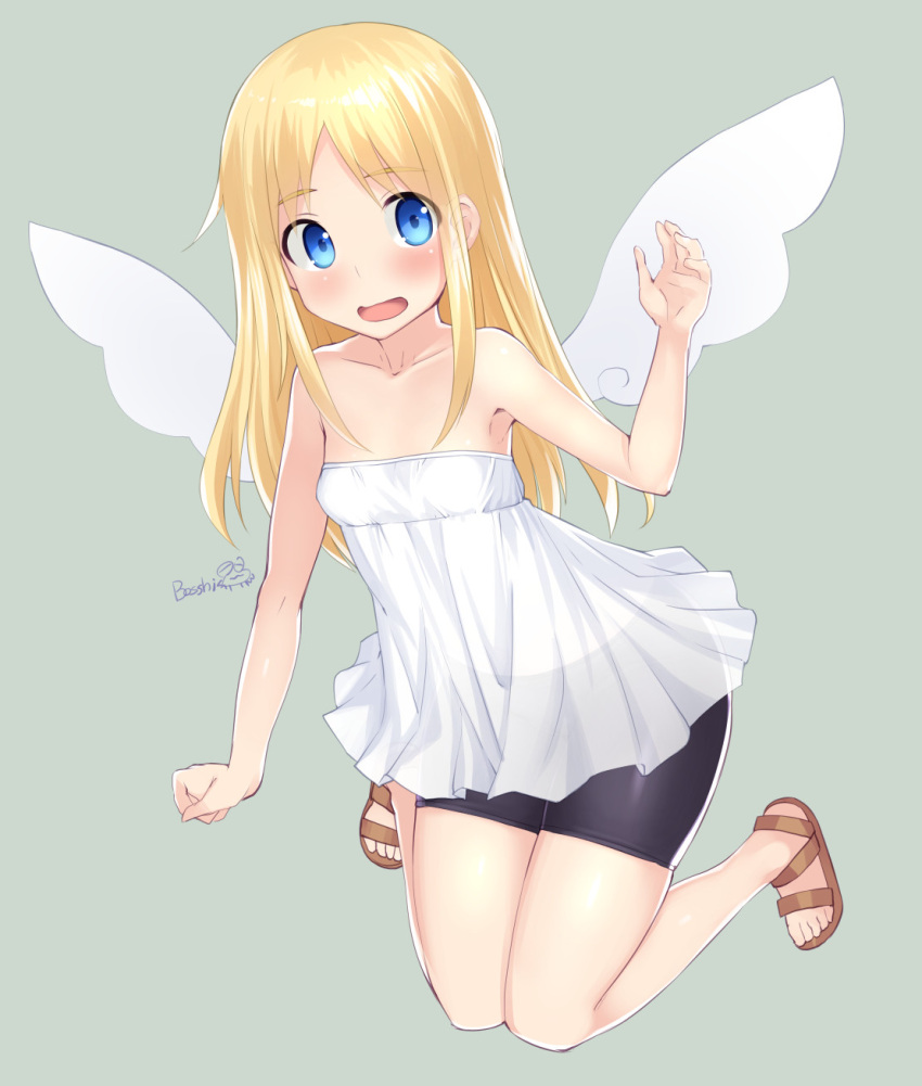 1other angel bangs bike_shorts blonde_hair blue_eyes blush bosshi brown_footwear crimvael dress full_body highres ishuzoku_reviewers long_hair open_mouth sandals shorts_under_dress signature simple_background strapless strapless_dress white_dress wings