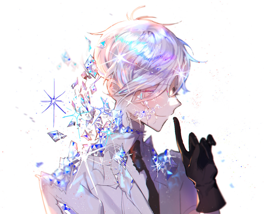 1other androgynous antarcticite bangs black_gloves black_neckwear close-up closed_mouth collar collared_shirt damaged eyebrows_visible_through_hair eyes_visible_through_hair finger_to_mouth from_side gem gem_uniform_(houseki_no_kuni) gloves hair_between_eyes hair_over_one_eye houseki_no_kuni looking_down necktie neckwear pale_skin rebita shirt short_hair short_sleeves shushing smile solo sparkle torn_clothes torn_necktie torn_neckwear white_eyes white_hair white_shirt