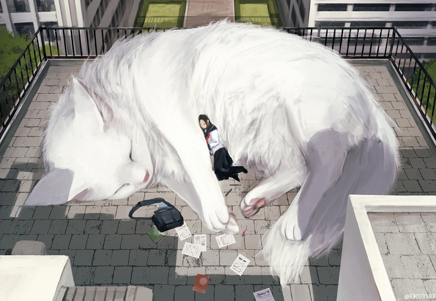 1girl animal arizuka_(13033303) bag black_hair building cat cat_focus closed_eyes long_hair lying on_side original outdoors oversized_animal shirt skirt white_cat