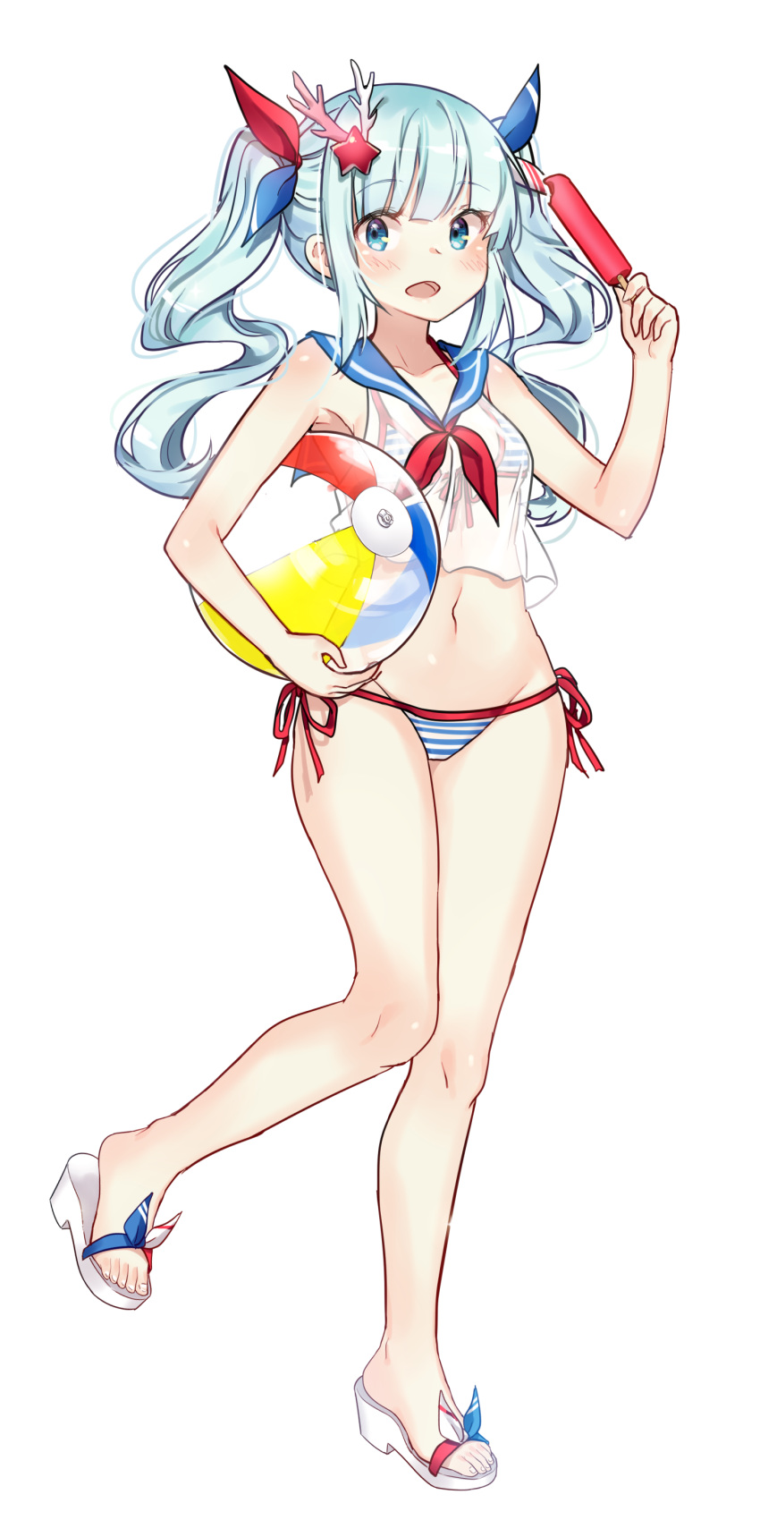 1girl absurdres ash_arms ball bangs bare_arms bare_shoulders beachball bikini bikini_under_clothes blue_eyes blue_hair blue_ribbon blue_sailor_collar blush breasts carrying_under_arm collarbone eyebrows_visible_through_hair food full_body goyain groin hair_ornament hair_ribbon highres holding holding_food long_hair looking_at_viewer navel neckerchief open_mouth popsicle red_neckwear red_ribbon ribbon sailor_collar sailor_shirt sandals sbd_dauntless_(ash_arms) see-through shirt side-tie_bikini sidelocks simple_background sleeveless sleeveless_shirt small_breasts solo standing standing_on_one_leg star star_hair_ornament striped striped_bikini swimsuit transparent twintails white_background white_footwear white_shirt