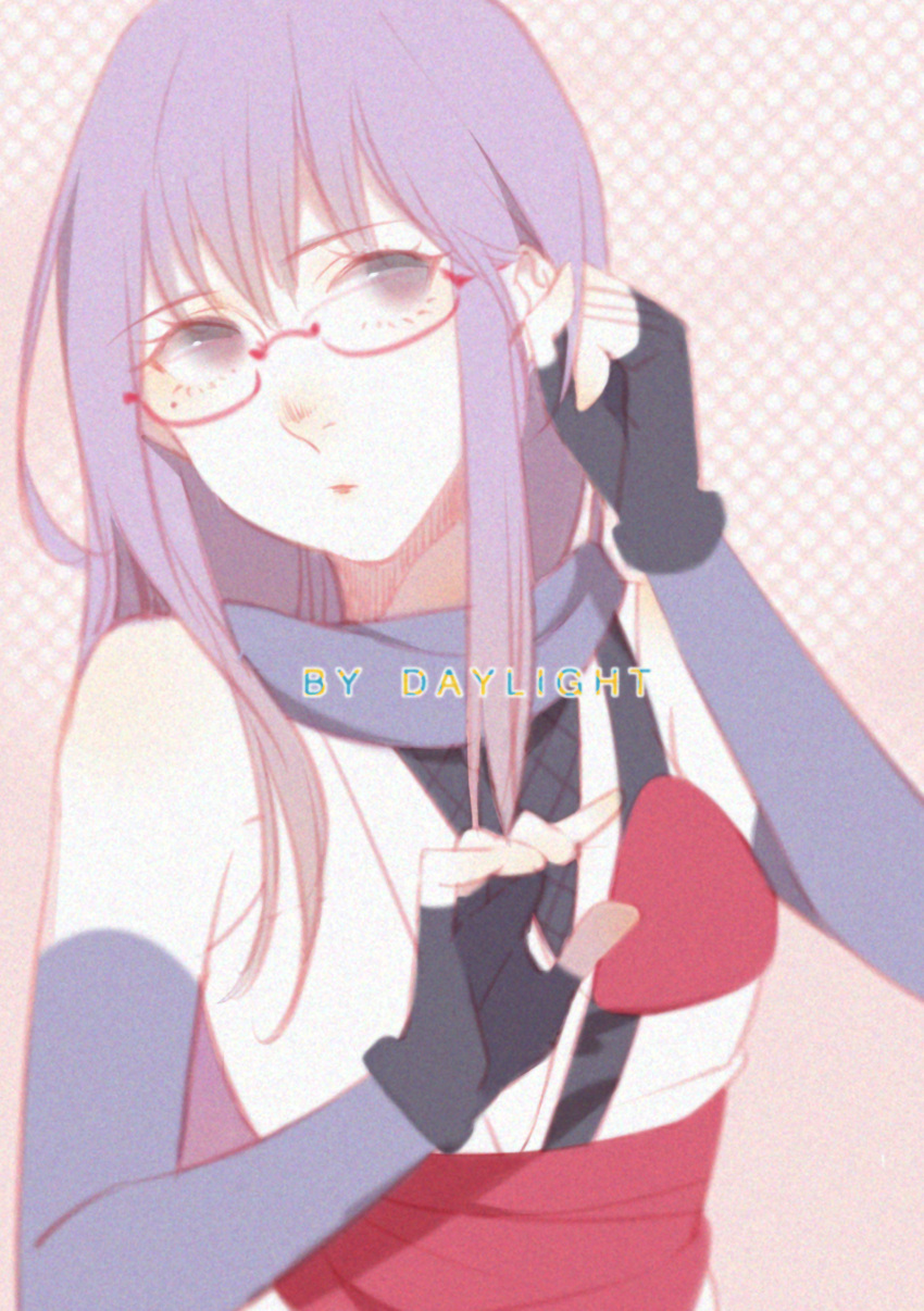 1girl absurdres artist_name black_gloves daylight919 detached_sleeves fingerless_gloves gintama glasses gloves grey_sleeves highres long_hair long_sleeves looking_at_viewer ninja purple_hair sarutobi_ayame semi-rimless_eyewear solo straight_hair under-rim_eyewear