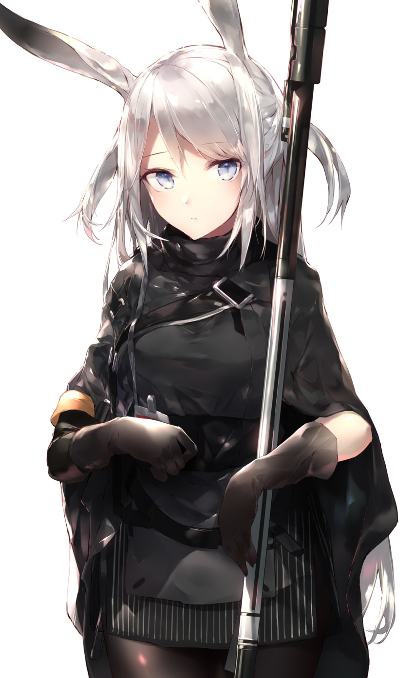 1girl animal_ears arknights bangs black_gloves black_jacket black_legwear blue_eyes commentary_request cowboy_shot dated eyebrows_visible_through_hair gloves hair_between_eyes highres jacket long_hair looking_at_viewer pantyhose rabbit_ears sakusyo savage_(arknights) silver_hair simple_background solo standing two_side_up very_long_hair white_background