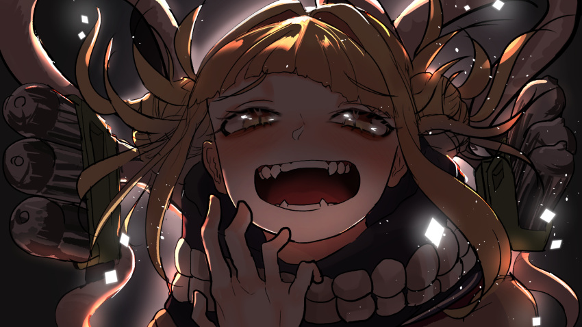 1girl :d backlighting bags_under_eyes bangs blonde_hair blush boku_no_hero_academia close-up crazy_smile double_bun eyebrows_visible_through_hair fangs hair_intakes hand_to_own_mouth highres looking_at_viewer messy_hair open_mouth portrait scarf sidelocks smile solo teeth toga_himiko yellow_eyes you_gonna_get_raped zd_(pixiv6210083)