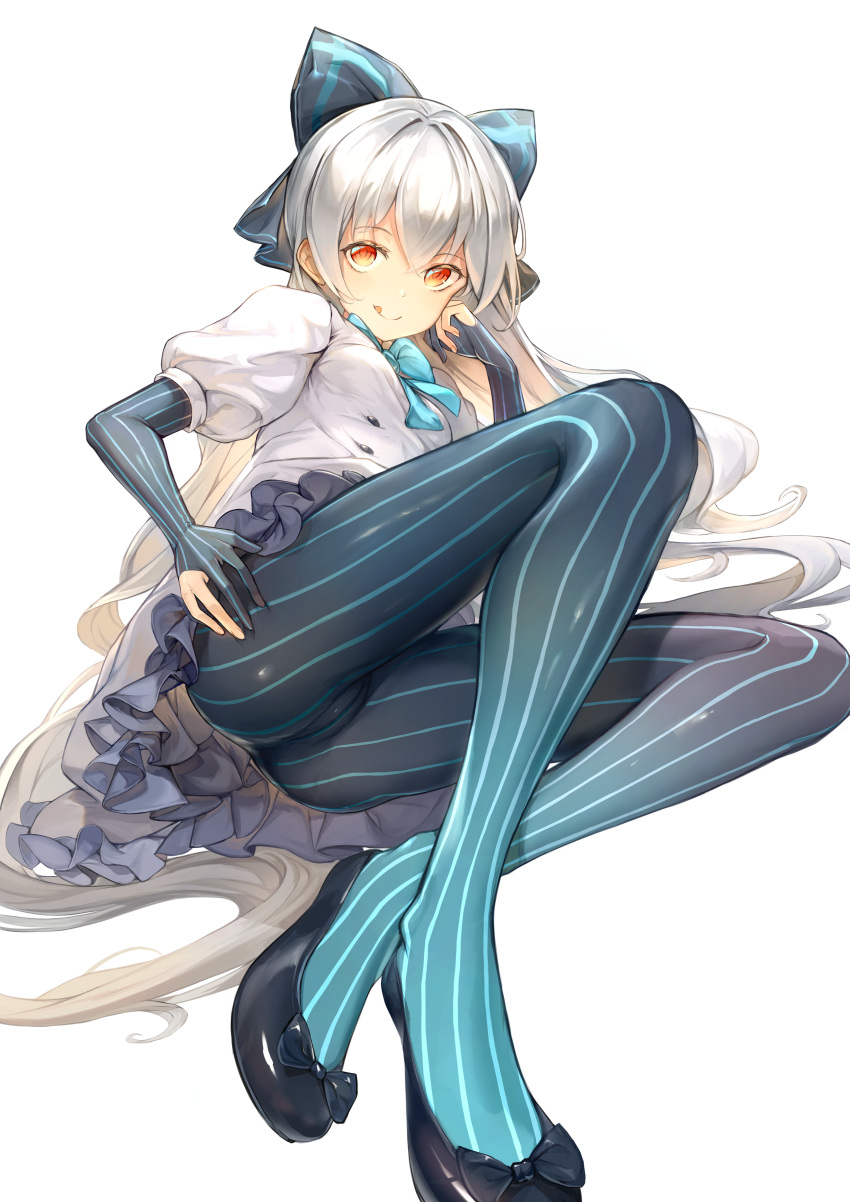 1girl :q absurdres aqua_neckwear bangs black_bow black_footwear black_legwear blue_bow blue_stripes bow bowtie breasts brooch closed_mouth commentary deep_skin dress elbow_gloves eyebrows_visible_through_hair fingernails flats frilled_dress frills girls_frontline gloves gradient gradient_legwear hair_between_eyes hair_bow hand_on_own_chest hand_on_thigh hand_up highres hon_(neo2462) jewelry juliet_sleeves legs long_hair long_sleeves looking_at_viewer lying multicolored multicolored_clothes multicolored_legwear on_side pantyhose partly_fingerless_gloves petticoat puffy_sleeves red_eyes shoe_bow shoes short_sleeves sidelocks silver_hair simple_background small_breasts smile solo striped striped_legwear thighs tokarev_(girls_frontline) tongue tongue_out vertical-striped_gloves vertical-striped_legwear vertical_stripes very_long_hair white_background white_dress