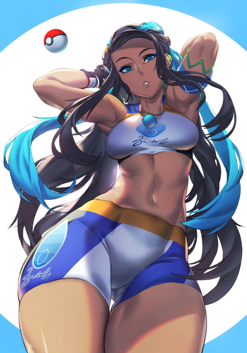 1girl absurdres aqua_eyes aqua_hair armband armlet armpits ass_visible_through_thighs backlighting belly_chain black_hair blue_eyes breasts dark_skin ear_clip earrings eureka_brider eyeshadow forehead from_below green_earrings gym_leader hair_bun hair_ornament hairclip hands_in_hair highres hoop_earrings jewelry lips long_hair makeup multicolored_hair navel pendant poke_ball poke_ball_(generic) pokemon pokemon_(game) pokemon_swsh rurina_(pokemon) small_breasts solo sportswear streaked_hair swimsuit tankini thick_thighs thigh_gap thighs toned two-tone_hair