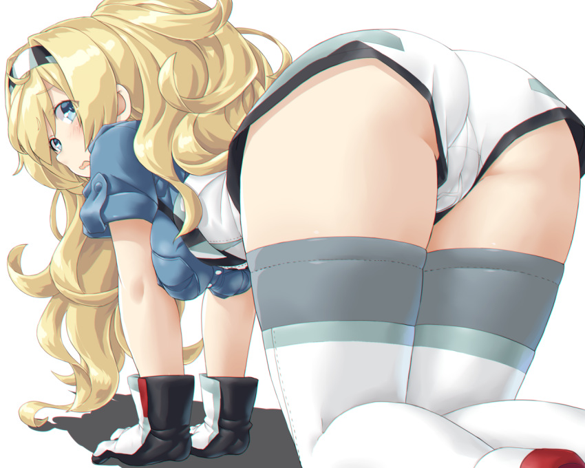 1girl all_fours ass bangs black_gloves blonde_hair blue_eyes blue_shirt blush breast_grab breast_pocket breasts commentary_request dd_(ijigendd) eyebrows_visible_through_hair eyes_visible_through_hair from_behind gambier_bay_(kantai_collection) gloves grabbing grey_legwear hairband hanging_breasts kantai_collection long_hair looking_at_viewer looking_back open_mouth pocket raised_eyebrows shadow shirt short_sleeves shorts simple_background solo thigh-highs thighs twintails white_background white_gloves white_legwear