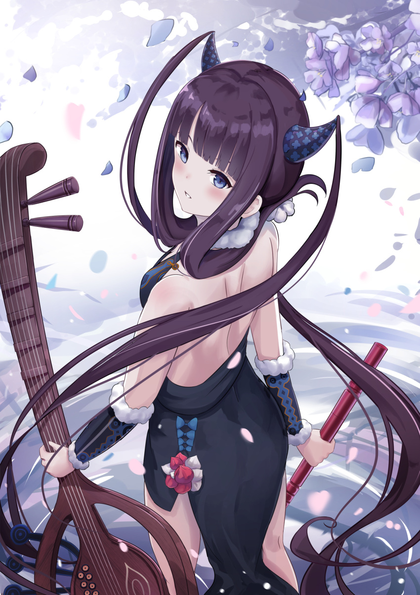 1girl absurdres backless_dress backless_outfit bare_shoulders black_dress black_hair blue_eyes blush cherry_blossoms dress fate/grand_order fate_(series) flute from_behind hair_ornament highres instrument leaf_hair_ornament looking_at_viewer looking_back petals pipa_(instrument) solo touhourh yang_guifei_(fate/grand_order)