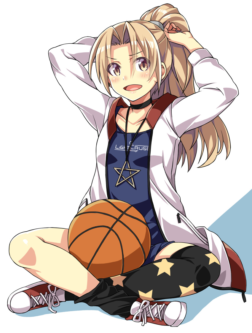 1girl absurdres adjusting_hair arms_up asymmetrical_legwear azur_lane ball basketball black_choker black_legwear blonde_hair choker cleveland_(azur_lane) collarbone hair_intakes highres indian_style jacket jewelry long_hair long_sleeves macaroni_hourensou necklace open_clothes open_jacket open_mouth ponytail red_footwear shoes sitting smile sneakers solo star star_print thigh-highs tying_hair white_jacket yellow_eyes