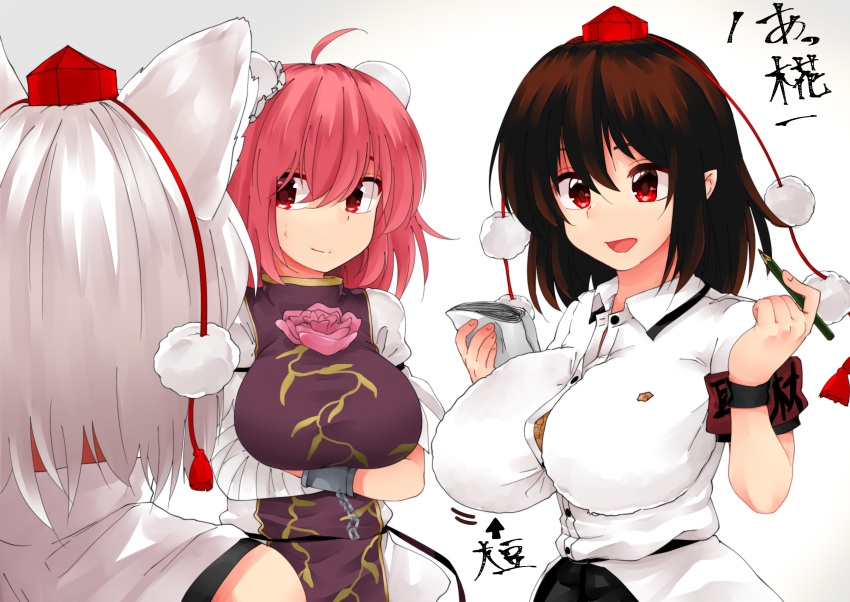 3girls absurdres animal_ears bandaged_arm bandages bare_shoulders bird black_hair breasts bun_cover chain chinese_clothes commentary commentary_request crossed_arms cuffs double_bun eagle flower hair_ornament hair_stick hat highres huge_breasts ibaraki_kasen inubashiri_momiji large_breasts multiple_girls pencil pink_eyes pink_flower pink_hair pink_rose pointy_ears pom_pom_(clothes) puffy_sleeves red_eyes rose shackles shameimaru_aya shirokaba114 shirt short_hair silver_hair simple_background sleeveless sleeveless_shirt sweat tokin_hat touhou turtleneck white_background white_shirt wolf_ears