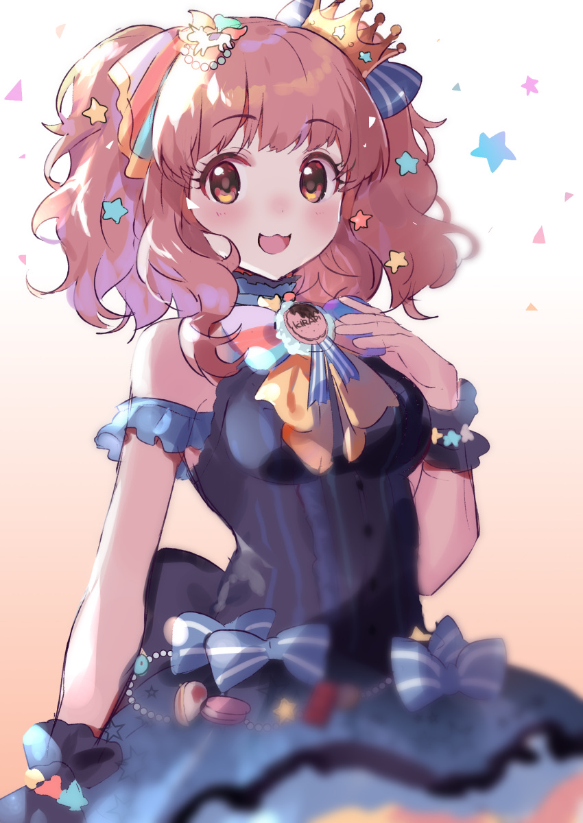 1girl :3 absurdres black_dress blue_bow blurry blush bow breasts brown_eyes brown_hair crown depth_of_field dress eyebrows_visible_through_hair hair_bow highres idolmaster idolmaster_cinderella_girls looking_at_viewer medium_breasts moroboshi_kirari name_tag nana_(nana_yume87) open_mouth short_hair short_twintails sleeveless smile solo twintails wavy_hair