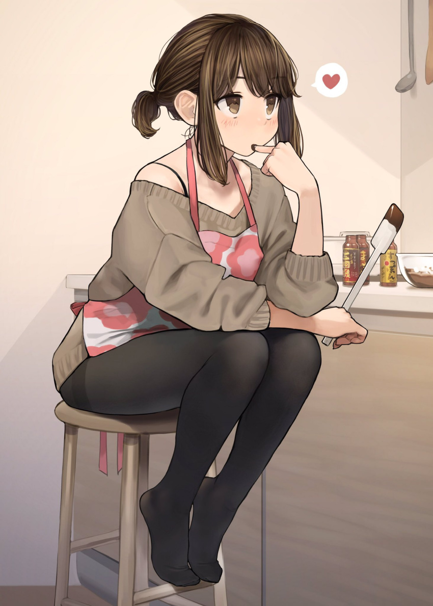 1girl apron bangs beige_sweater black_legwear blush bottle bra_strap brown_eyes brown_hair chocolate_making full_body heart highres holding_spatula kitchen ladle long_hair looking_away mixing_bowl no_shoes off-shoulder_sweater off_shoulder office_lady_(yomu_(sgt_epper)) original pantyhose short_hair sidelocks sitting solo spatula spoken_heart stool sweater tasting tied_hair yomu_(sgt_epper)