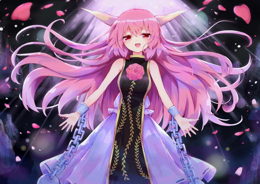 1girl :d absurdres ball_and_chain_restraint chain commentary_request dress eyebrows_visible_through_hair flower highres horns ibaraki_douji_(touhou) ibaraki_kasen long_hair looking_at_viewer open_mouth petals pink_hair red_eyes rose sleeveless smile solo suiton_(000suiton) tabard touhou