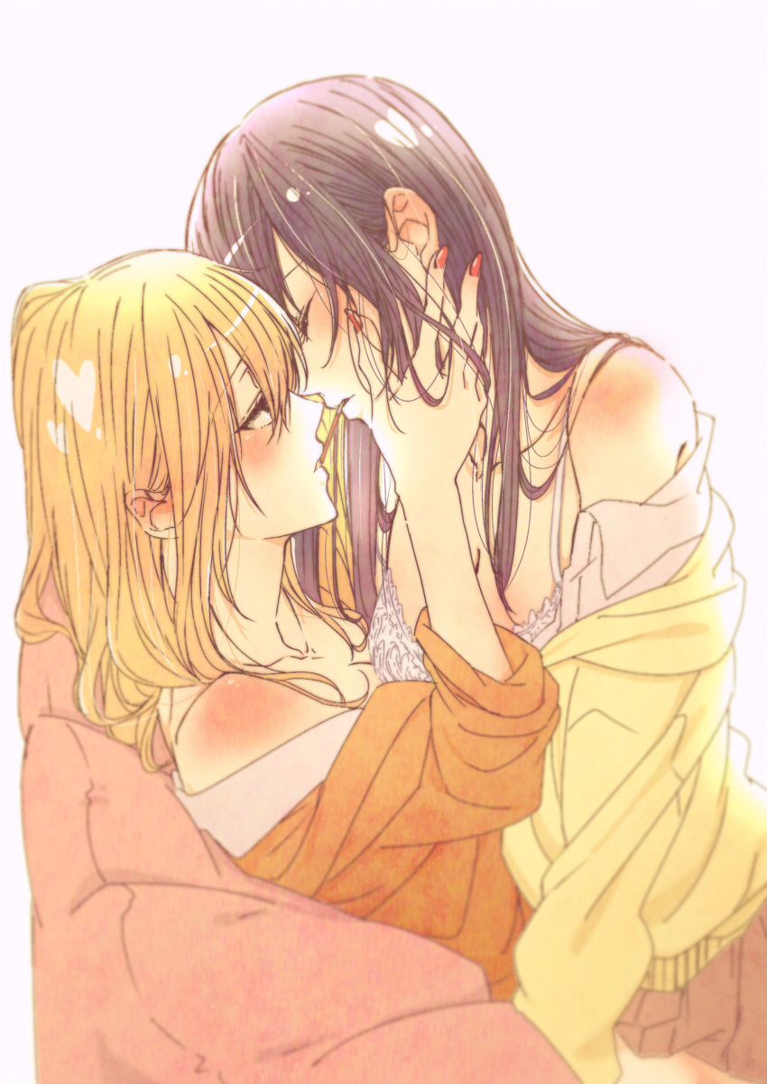 2girls aihara_mei aihara_yuzu bare_shoulders bent_over black_hair blonde_hair blush bra citrus_(saburouta) closed_eyes food glidesloe hand_on_another's_cheek hand_on_another's_face highres incest looking_at_another lying multiple_girls pocky pocky_kiss step-siblings sweater underwear yuri