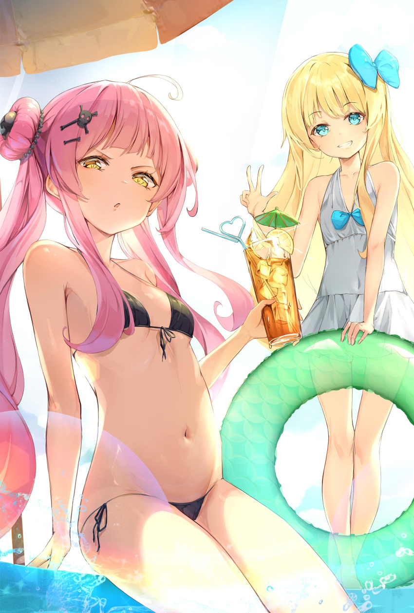 2girls :o absurdres ahoge bangs bare_arms bare_legs bare_shoulders bikini black_bikini blonde_hair blue_bow blue_eyes blunt_bangs bow breasts cup day drink drinking_straw front-tie_bikini front-tie_top frown grey_swimsuit hair_bow hair_bun hair_ornament heart highres holding holding_cup hon_(neo2462) ice ice_cube innertube long_hair looking_at_viewer lowleg lowleg_bikini multiple_girls one-piece_swimsuit outdoors parasol pink_hair side-tie_bikini sitting skull_hair_ornament small_breasts smile sparkle standing stomach swimsuit umbrella v very_long_hair yellow_eyes