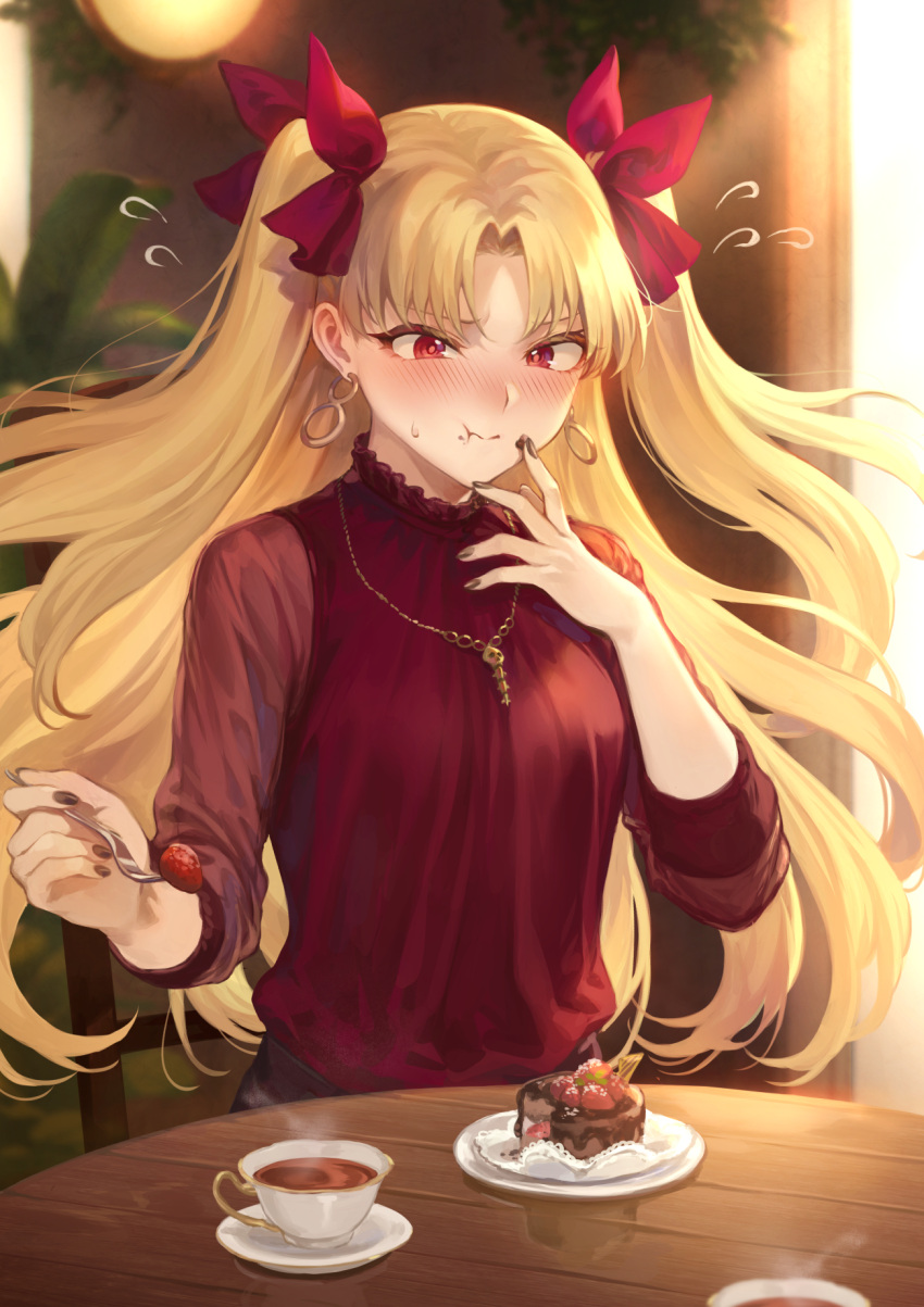 1girl bangs blonde_hair blush bow breasts cake chair chocolate_cake closed_mouth commentary_request contemporary cup earrings eating ereshkigal_(fate/grand_order) fate/grand_order fate_(series) flying_sweatdrops food fork fruit hair_bow highres hoop_earrings infinity jewelry long_hair long_sleeves mashuu_(neko_no_oyashiro) medium_breasts necklace plate red_bow red_eyes red_sweater sitting skull solo spine strawberry sweater table tea teacup two_side_up very_long_hair