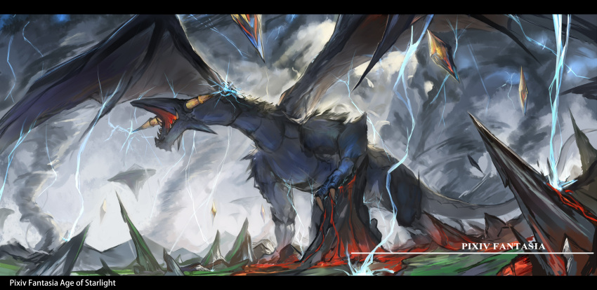 absurdres animal clouds cloudy_sky commentary_request copyright_request dragon floating_island highres letterboxed lightning molten_rock no_humans open_mouth outdoors pixiv_fantasia pixiv_fantasia_age_of_starlight sharp_teeth sky teeth tornado tsubaki_(yi)