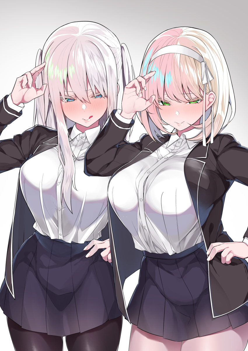 2girls :q absurdres bangs black_legwear blazer blonde_hair blue_eyes blush breasts green_eyes hand_up highres jacket large_breasts long_hair looking_at_viewer mitsudoue multiple_girls open_blazer open_clothes open_jacket original pantyhose platinum_blonde_hair pleated_skirt school_uniform short_hair simple_background skirt smile tongue tongue_out twintails white_background