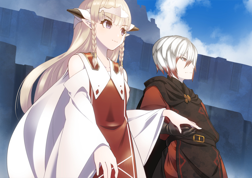 1boy 1girl aroha_j bangs black_gloves blonde_hair blue_eyes blunt_bangs braid day detached_sleeves ezel_the_king_of_fire_and_iron falia_the_queen_of_the_mountains gloves hair_between_eyes long_hair looking_at_viewer multicolored_hair outdoors pixiv_fantasia pixiv_fantasia_last_saga pointy_ears red_eyes redhead standing twin_braids white_hair wide_sleeves